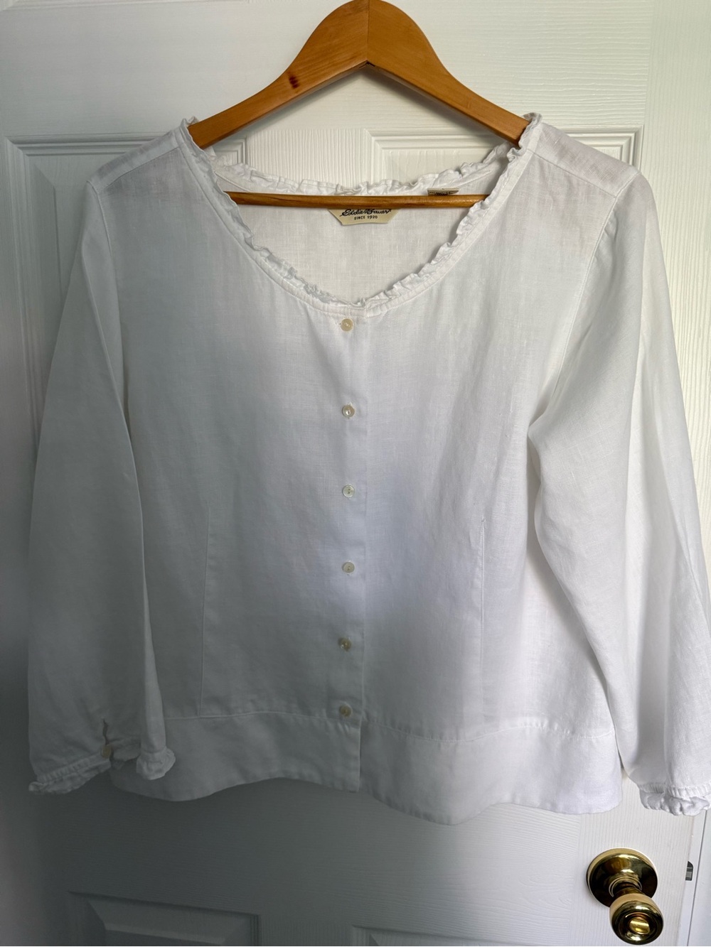 Eddie Bauer White Linen Button-Down Ruffle Trim Blouse